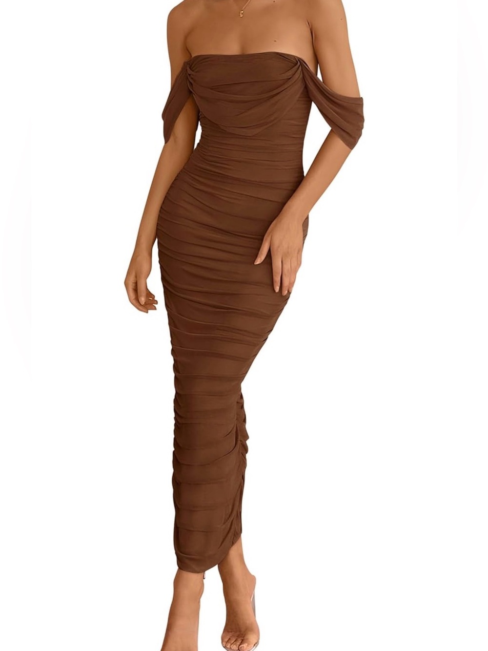 Amazon Brown One-Shoulder Ruched Maxi Dress